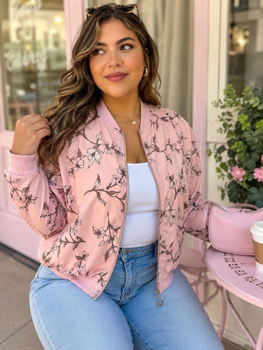 SHEIN Women's XL Pink Floral Bomber Jacket Zip Up Lightweight Coquette New